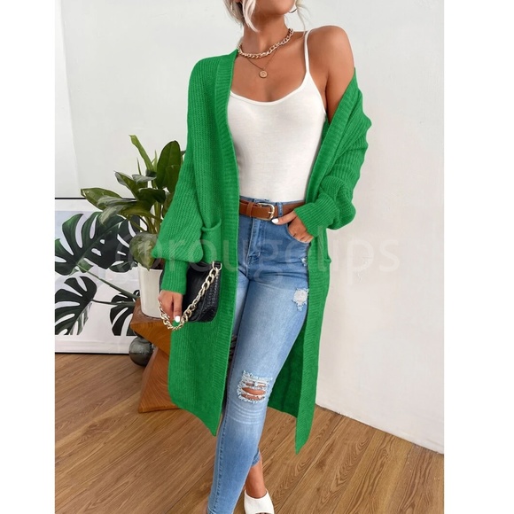 Green Duster Cardigan Front Pockets Cable Knit Long Sleeve Midi Length - Picture 4 of 9